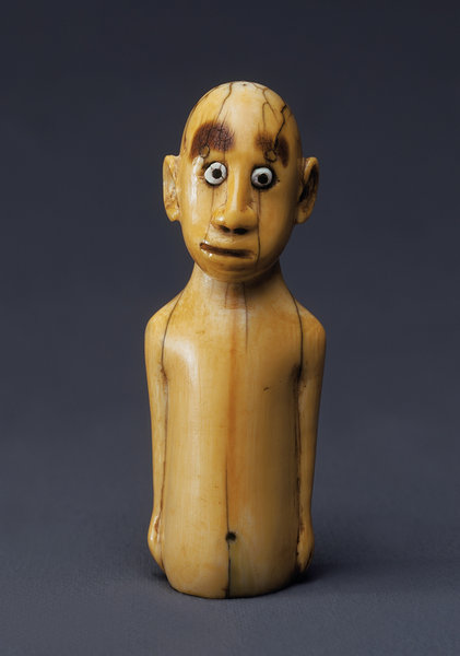 A Fine Lower Congo , Vili People Carved Figural Ivory Ritual Flywhisk Handle